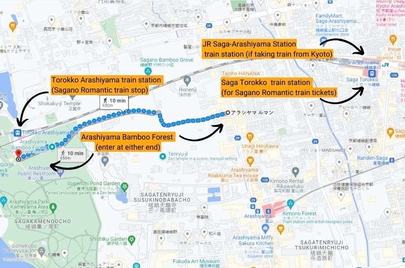 Map showing the Arashiyama Bamboo Forest and train station options in Sagano, Kyoto, Japan