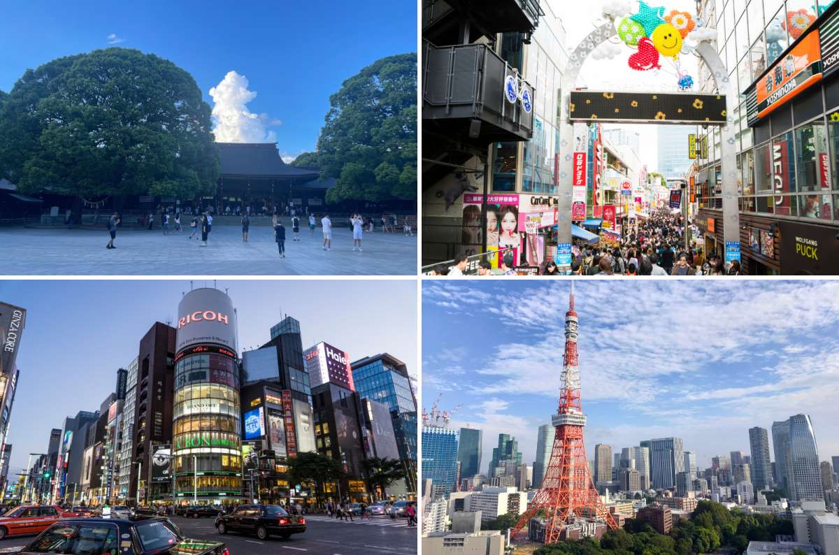 a collage of photos from Meiji Jingu, Harajuku, Ginza and Roppongi, showing the variety that Tokyo brings, Japan