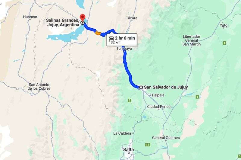 Map of the road from San Salvador to Salinas Grandes de Jujuy