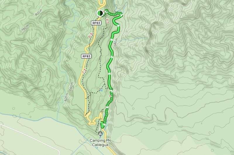 Map of the Sendero La Junta hike in Calilagua National Park