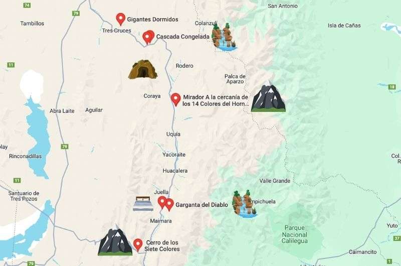 Map of the best places to see in Quebrada de Humahuaca.