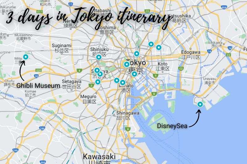 Map showing all stops on 3 day Tokyo itinerary