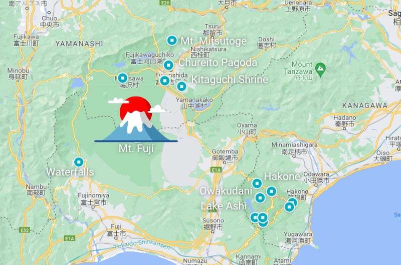 Map showing Mt. Fuji attractions in Hakone, Japan