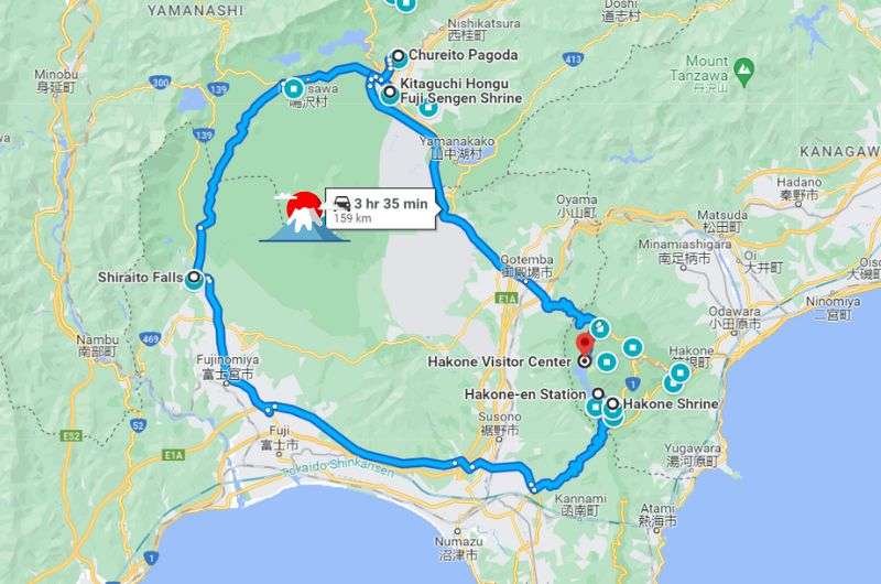 Map of route on day 1 of Hakone 2-day itinerary