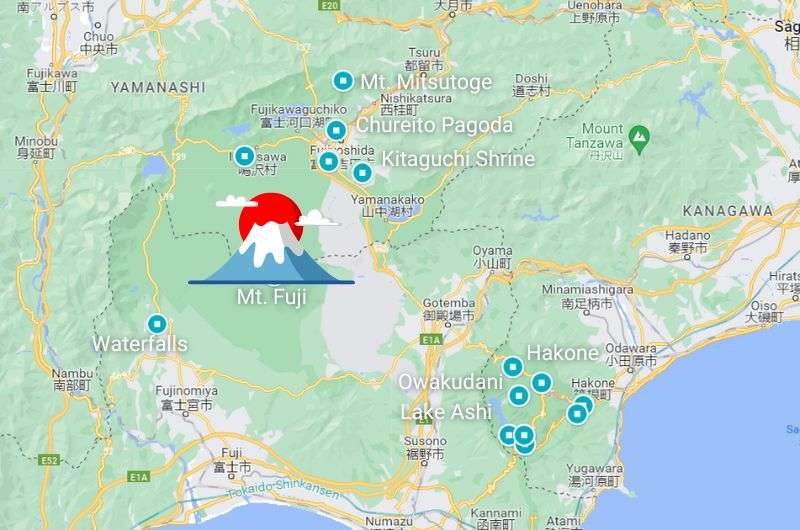 Map showing Mt. Fuji attractions in Hakone, Japan 