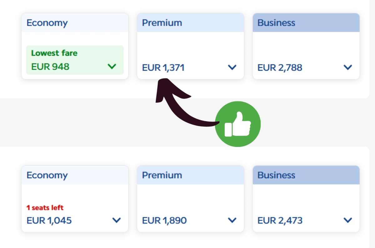 A fare comparison for Air France Economy vs Premium vs Business