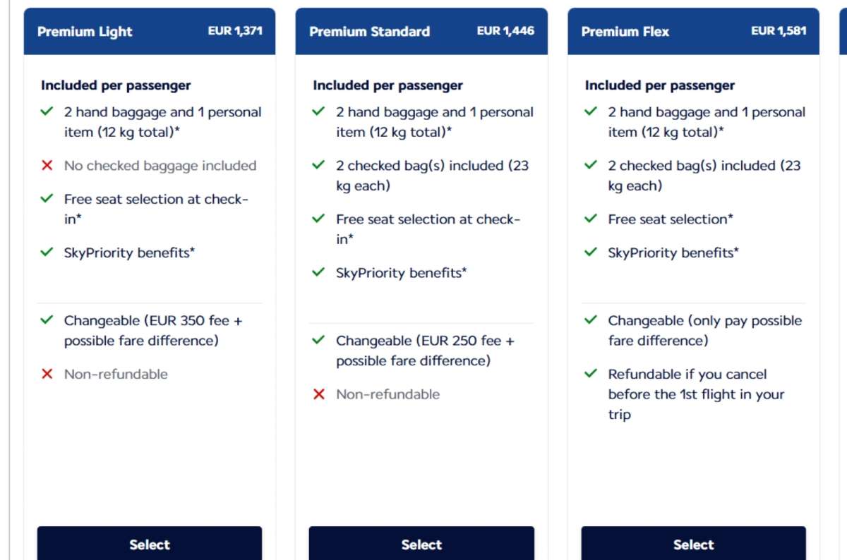 Price comparison between the different versions of Air France premium, with breakdown of what is included in each one