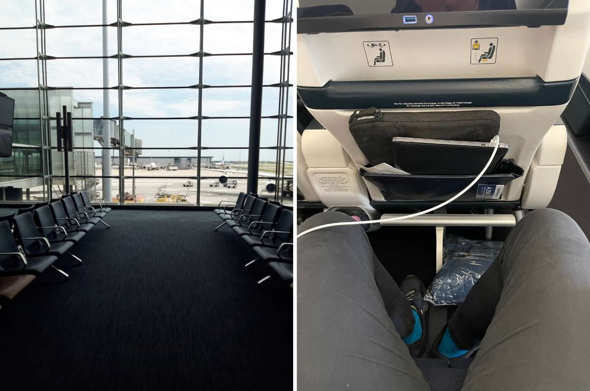 The airport waiting area next to a photo showing the leg room in Air France Premium Economy, photo by Next Level of Travel