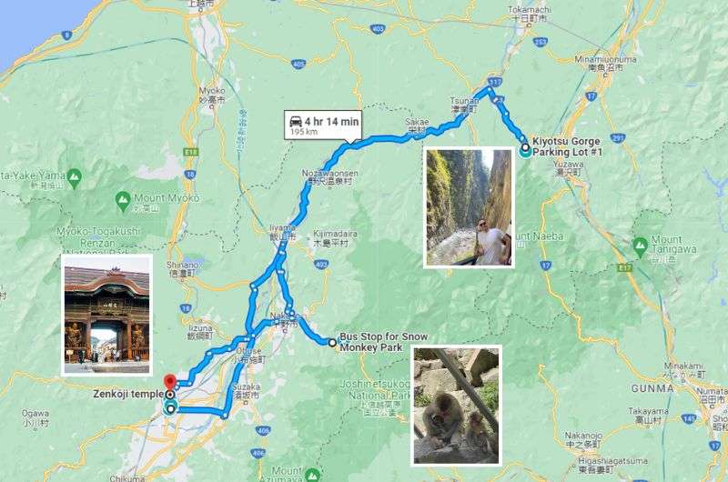 A map of day 1 of Nagano itinerary