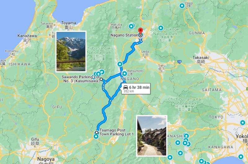 A map of day 2 of Nagano itinerary