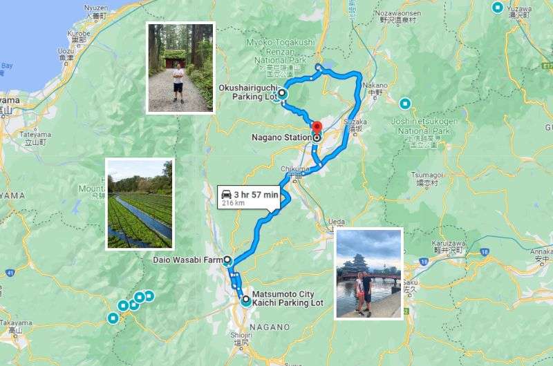 A map of day 3 of Nagano itinerary