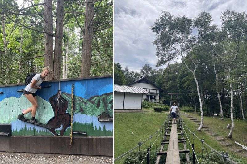 Going through the obstacle course at the Ninja Museum at Togakushi, Nagano, Japan