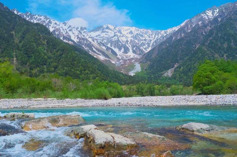 Kamikochi Valley view over the river to the mountains, Nagano, Japan
