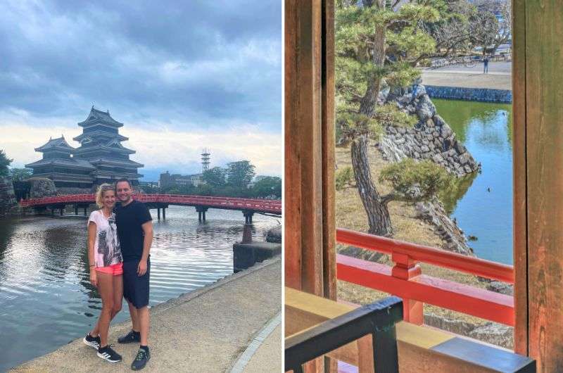 Tourists exploring Matsumoto Castle grounds, Nagano, Japan