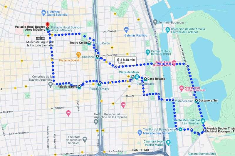 Map of the 1 day itinerary in Buenos Aires