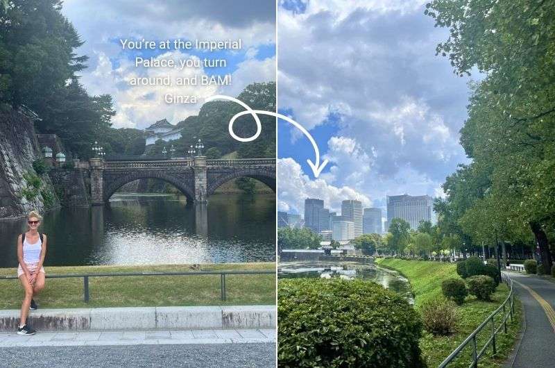 Photo showing the Imperial Palace on one side and the view over the Imperial Palace gardens to the Ginza district on the other side