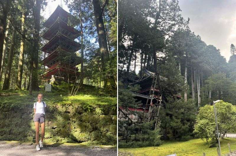 Photos showing the cedars and pagoda near Ronnoji Taiyu-in Mausoleum in Nikko, Japan