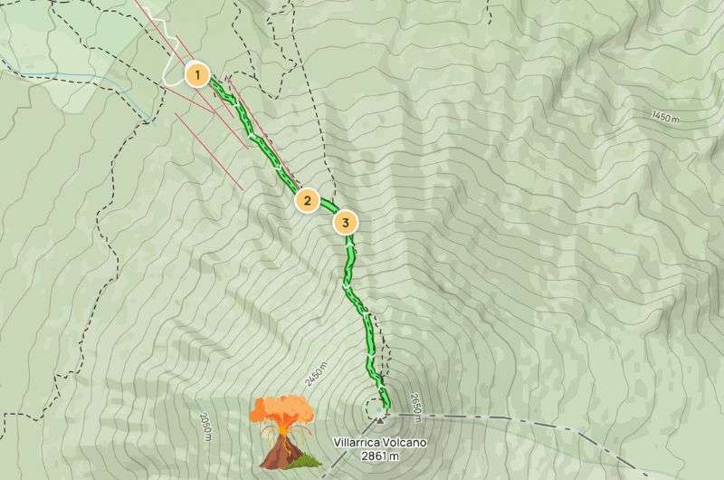 Map of the Villarrica Volcano hike, Patagonia