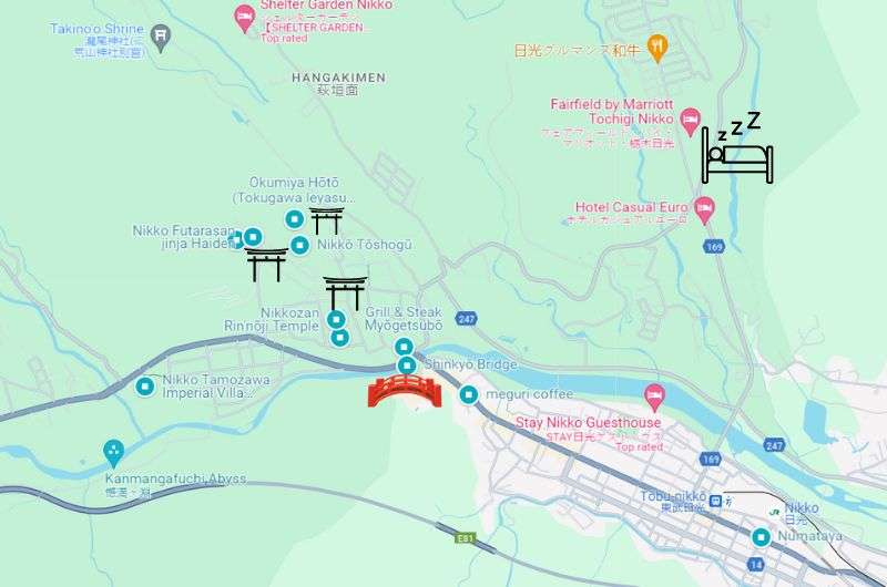 Map of day 1 of the Nikko itinerary, Japan