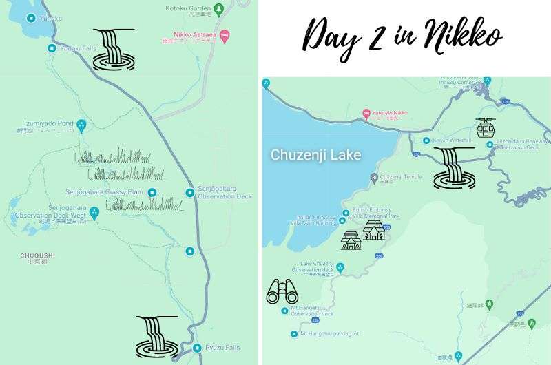 Map of day 2 of the Nikko 2-day itinerary, Japan