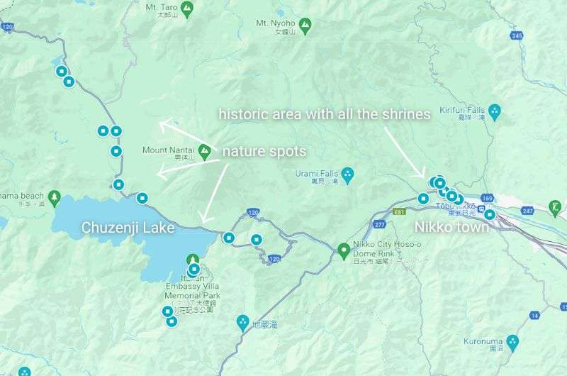 Map showing overview of attractions in Nikko and surrounding area, Japan guide