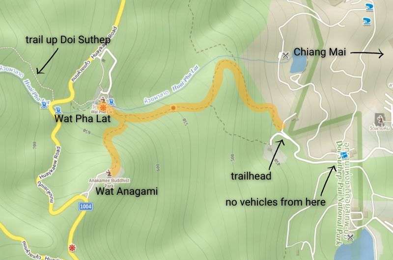 Map showing the Monk’s Trail to Wat Pha Lat in Chiang Mai, including trailhead and side trail to Wat Anagami