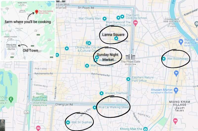 Map of places visited on 3rd day in Chiang Mai, Thailand