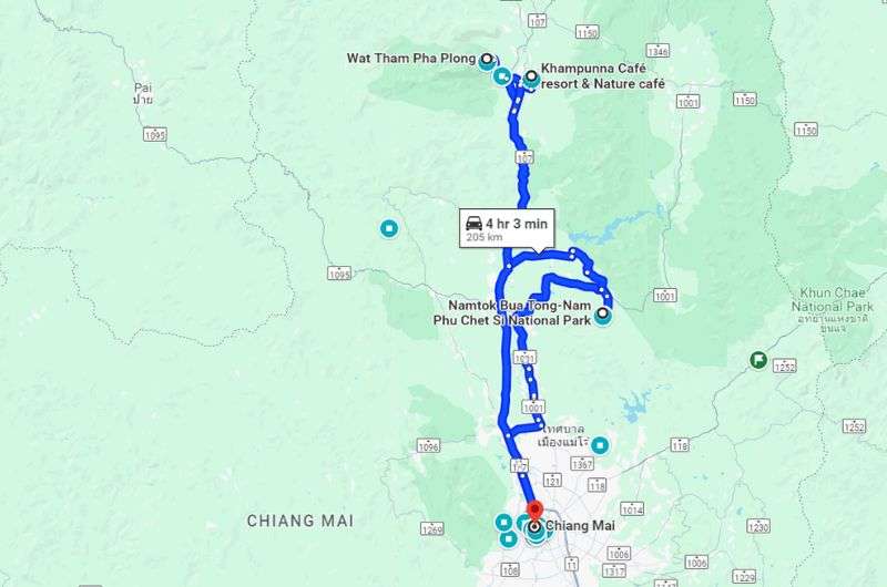 Map of places visited on 5th day in Chiang Mai, Thailand