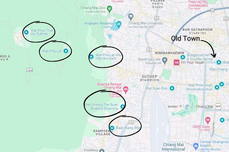 Map of places visited on Day 2 of Chiang Mai itnerary