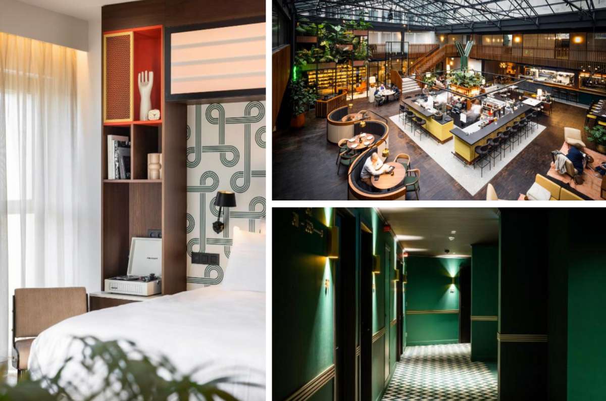 a collage of photos from the inside of the urban and modern Yalo urban Boutique Hotel, Ghent, Belgoum