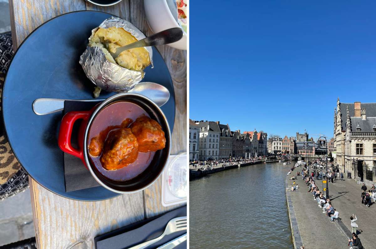 a photo of a Belgian meal next to a photo of the view of the river in Ghent, Belgium, photo by Next Level of Travel