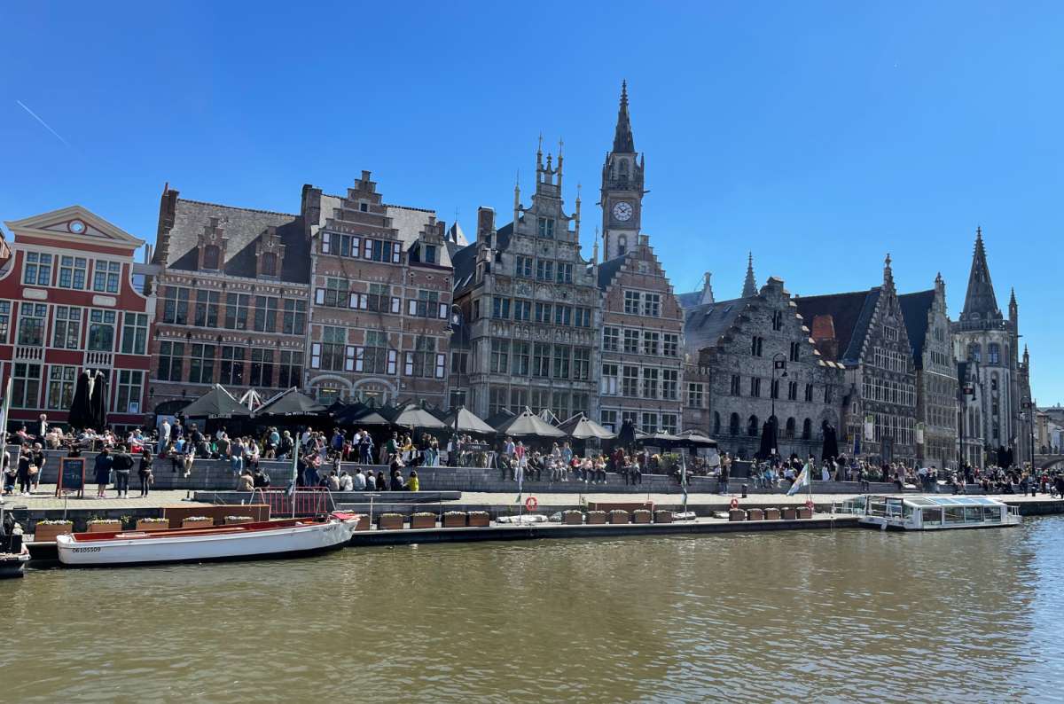 a photo of the Ghent city buildings at Graslei with the river in front, Ghent, Belgium, photo by Next Level of Travel