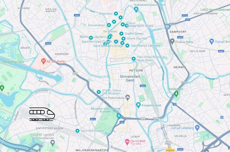 Map of all the places to see in Ghent in one day, Belgium travel guide