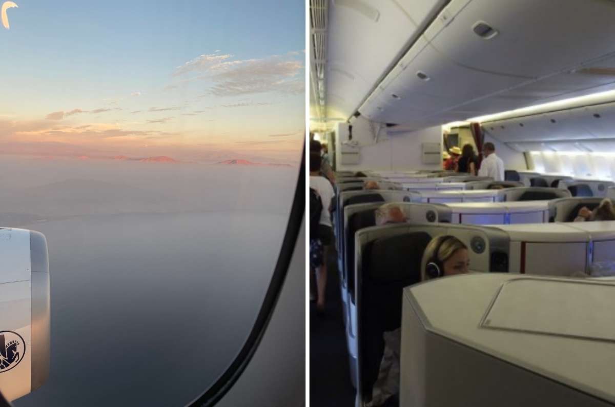 View outside the plane window and view of Business Class cabin on Air France, airline review