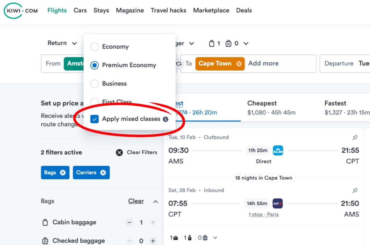 Screenshot of flight search screen from kiwi.com with KLM premium economy price