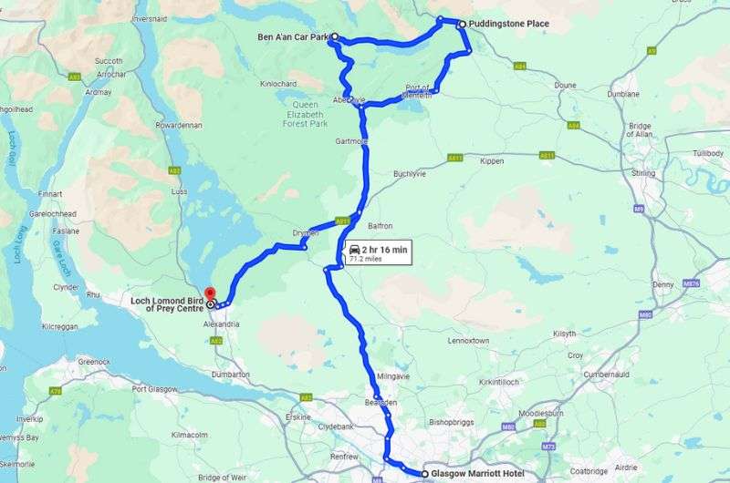 Map of the route of the second day of 2-week Scotland itinerary