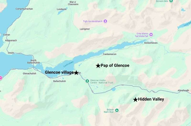 Map pinpointing the highlights of Glencoe village