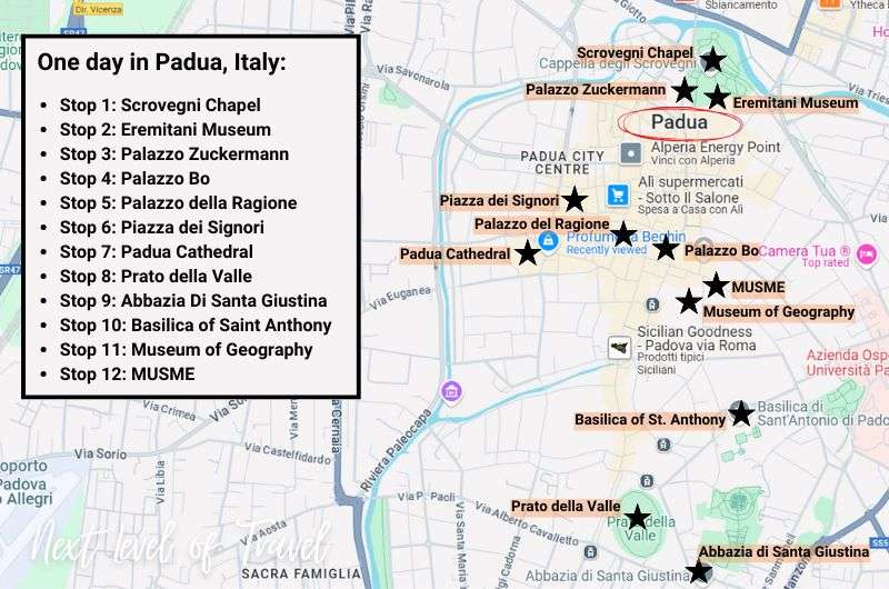 Map showing walking tour of Padua Italy, one day in Padua itinerary by Next Level of Travel