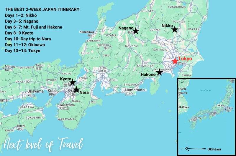 A map of Japan showing places to visit on 14-day Japan itinerary by Next Level of Travel