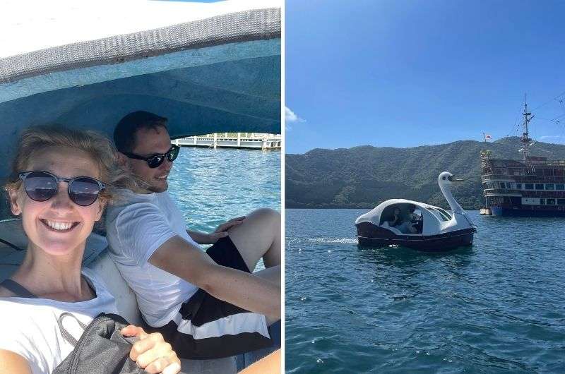 travelers on the swan small boat on the Lake Ashi, Japan, photo by Next level of Travel