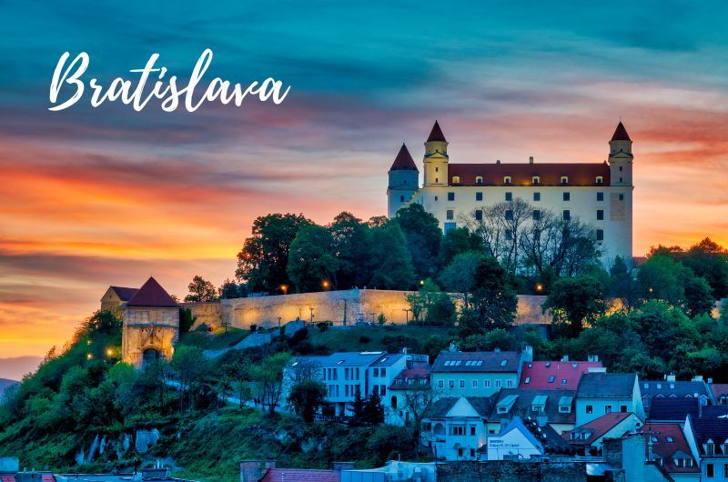 Bratislava Castle during sunset with a colorful sky