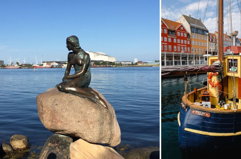 Copenhagen views Little Mermaid and boats in the water, Denmark