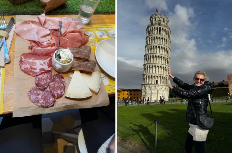 Parma ham served on a tasting board and a view of the city a traveler posing and the leaning towers in Pisa, Italy, photo by Next level of travel