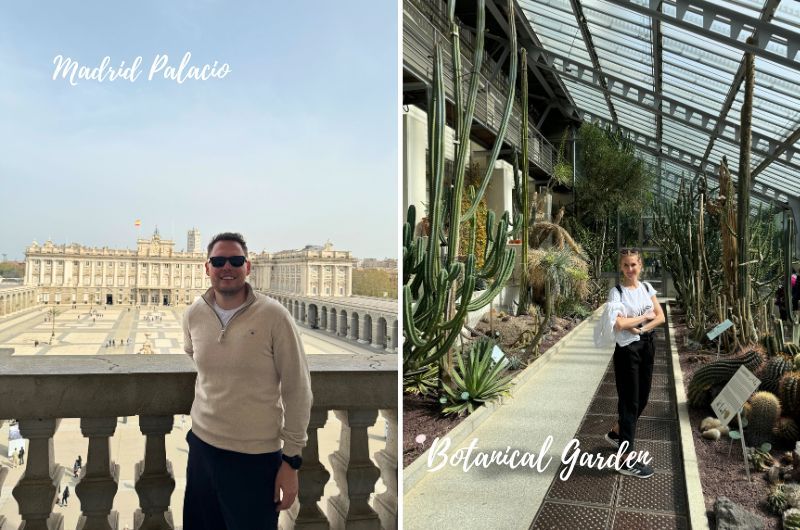 traveler taking a photo overlooking the Madrid Palace and a traveler posing in the botanical garden in Madrid, Spain, photo by Next level of travel