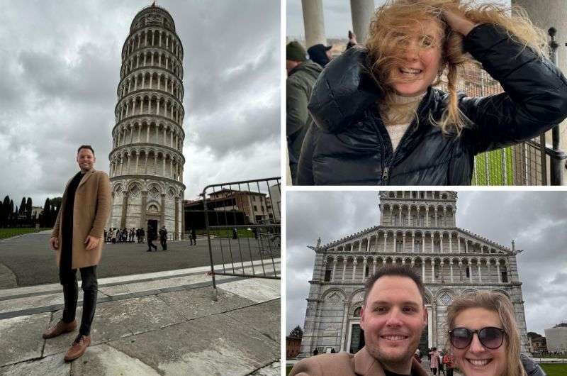 a traveler poses near the Leaning Tower of Pisa on a cloudy day; a woman struggles with the wind at the top of the tower; a couple smiles in front of Pisa’s cathedral, photo by Next level of travel