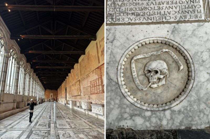 long corridor of Camposanto with frescoes and tombs; marble skull with ribbon detail, photo by Next level of travel
