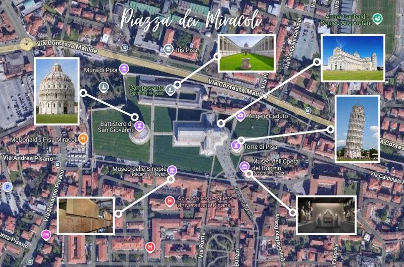 Map of attractions on Piazza dei Miracoli in Pisa, Italy, map by Next Level of Travel