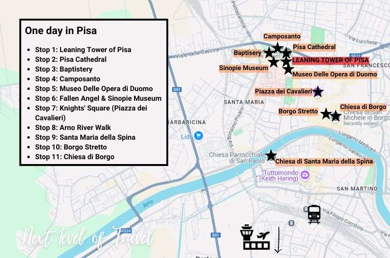 Map showing places of interest for one day in Pisa itinerary, map by Next Level of Travel