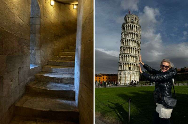 narrow stone staircase inside the Leaning Tower of Pisa, tourist posing with the Leaning Tower in the background at Piazza dei Miracoli, travel in Italy, photo by Next level of travel