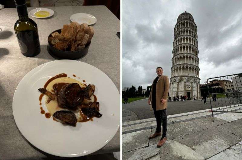 plate of Tuscan beef with mushrooms and purée, Jan posing near the Leaning Tower of Pisa, Italy, photo by Next level of travel